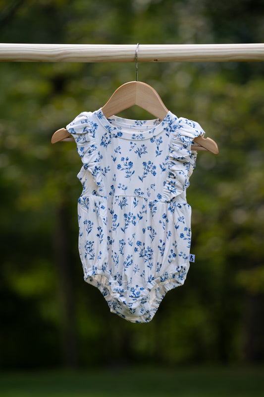 Blue Willow Ruffle Bubble Romper